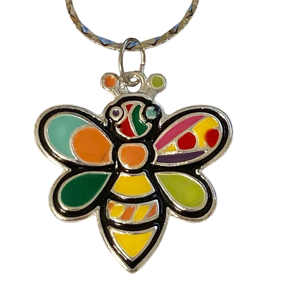 Vintage Bumble Bee Necklace Pop Art Colorful Silver Plated 19" Insect Queen Bea